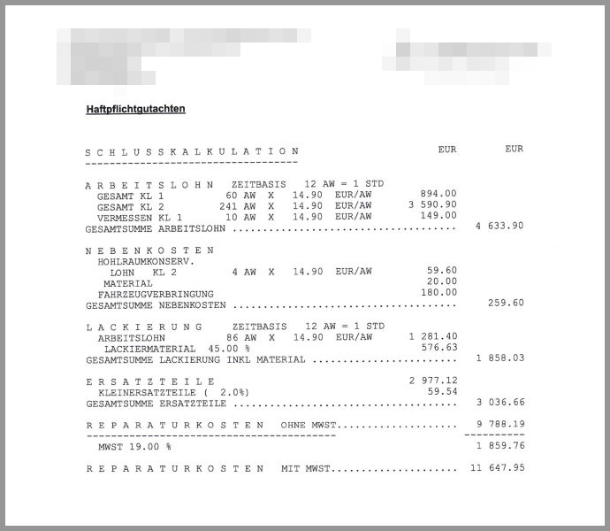 Das Schadensgutachten weist einen Betrag von 11.647 Euro aus.